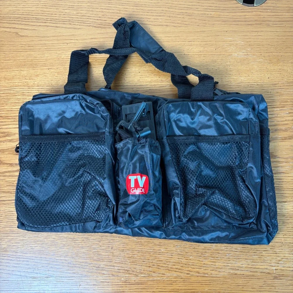 TV Guide Black Nylon Utility Duffle Bag Multi Pocket Shoulder Strap Vintage